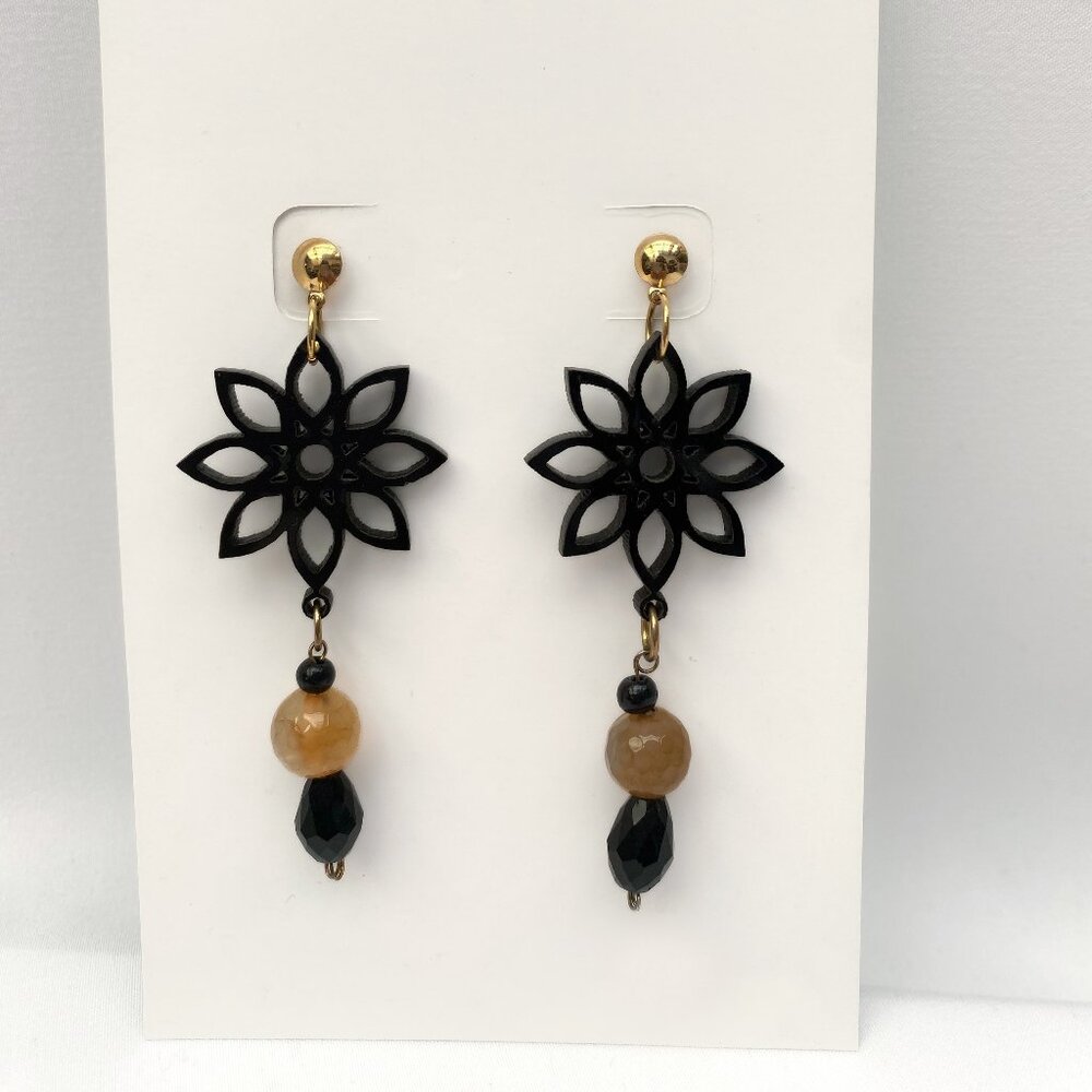 Black Acrylic Earrings with Agate and Murano Crystals